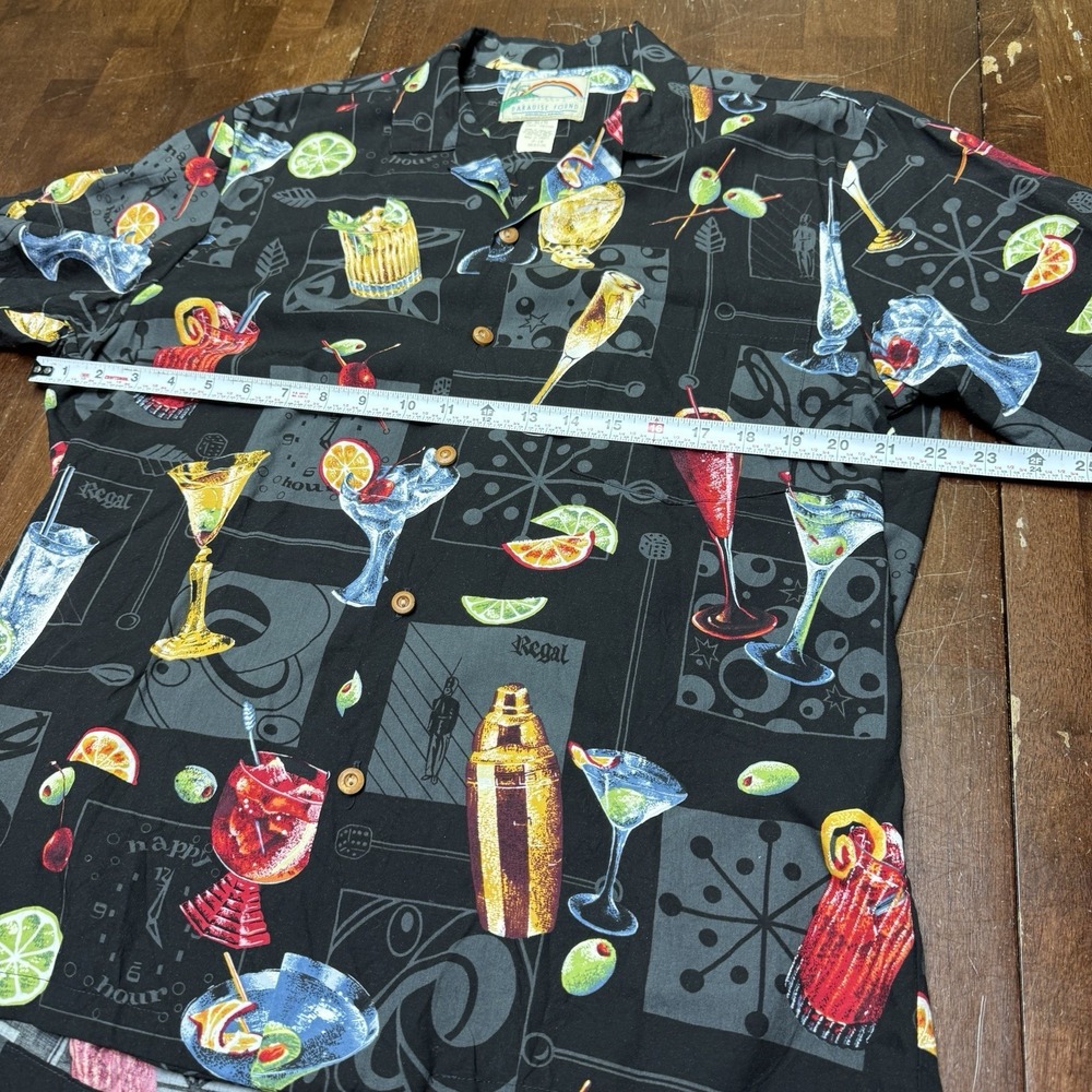 VTG Paradise Found Hawaiian Shirt Adult M Black Button Up Mens Camp Cocktails - Picture 5 of 6